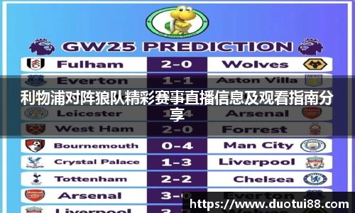 利物浦对阵狼队精彩赛事直播信息及观看指南分享